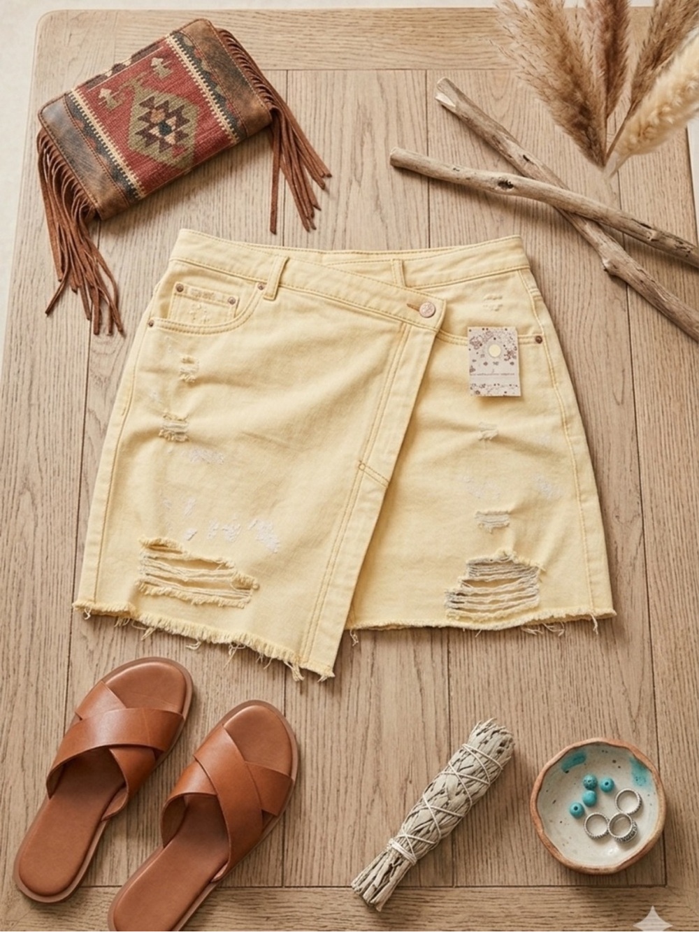 Free People Cream Yellow Distressed Denim Wrap Mini Skirt